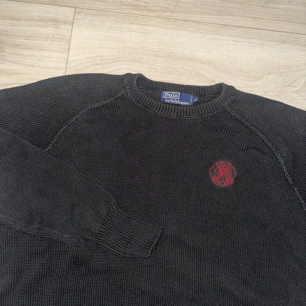 Vintage Polo Ralph Lauren Spell Out Cookie Cutter Logo Knit Sweater Sz XL Black